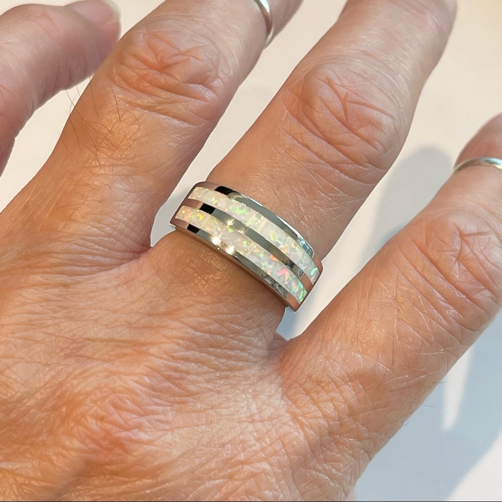 Sterling Silver White Lab Opal Ring, Wedding Band, October Birthstone Rings - Picture 13 of 13
